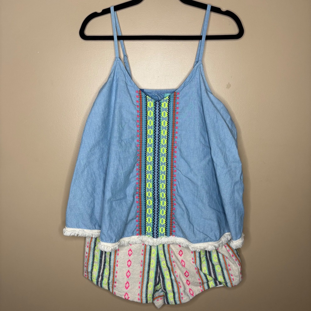 Judith March Women Blue Embroidered Fringe Split Back Romper Size Large Boho - Picture 2 of 7